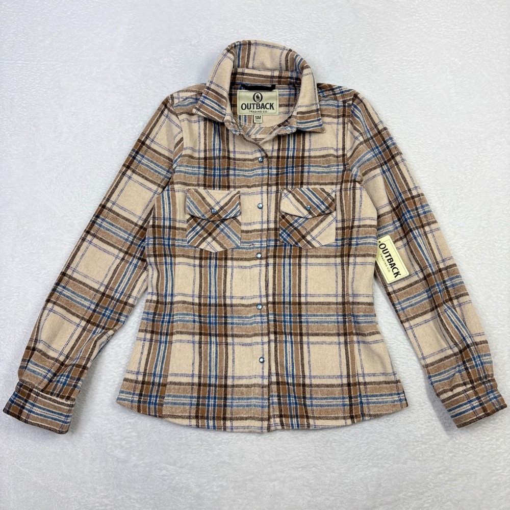 Outback Trading Co Mariah Plaid Snap Shirt Cream Brown Womens‎ Small NEW Western